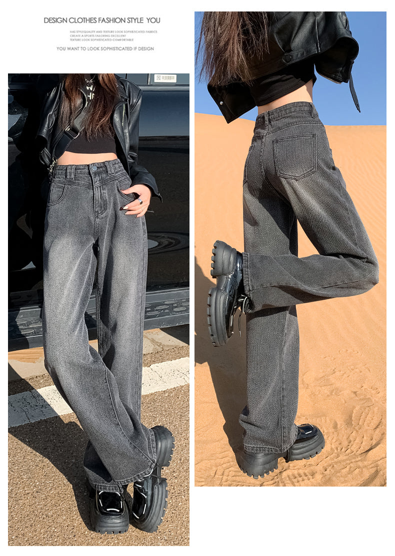 New style black and gray wide-leg jeans for women, American style, high-waisted, loose fit, slimming, straight leg, autumn and winter look.