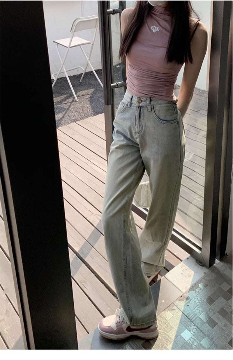Light-colored slim-fit wide-leg jeans for women, new style, high-waisted, slimming, petite, loose straight leg pants