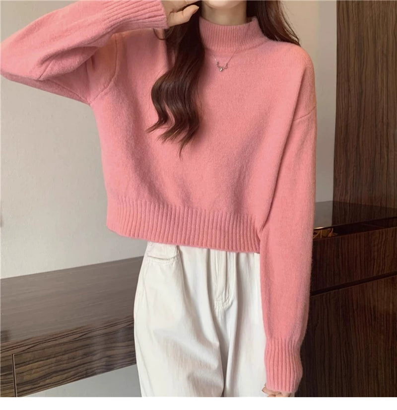 French-style short sweater for women, autumn and winter, petite, thick, soft and gentle style, high neck pullover knitwear