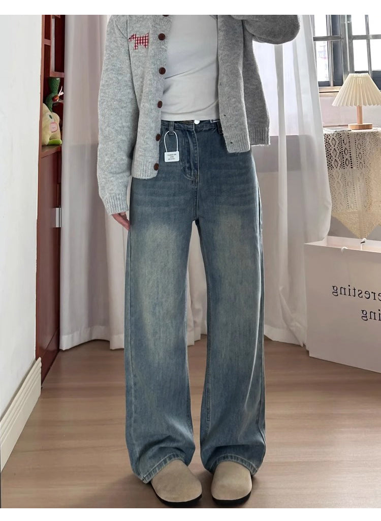 Retro blue straight-leg jeans for women, autumn and winter, fleece-lined and thickened, suitable for plus-size women, slimming for pear-shaped figures, loose wide-leg pants.