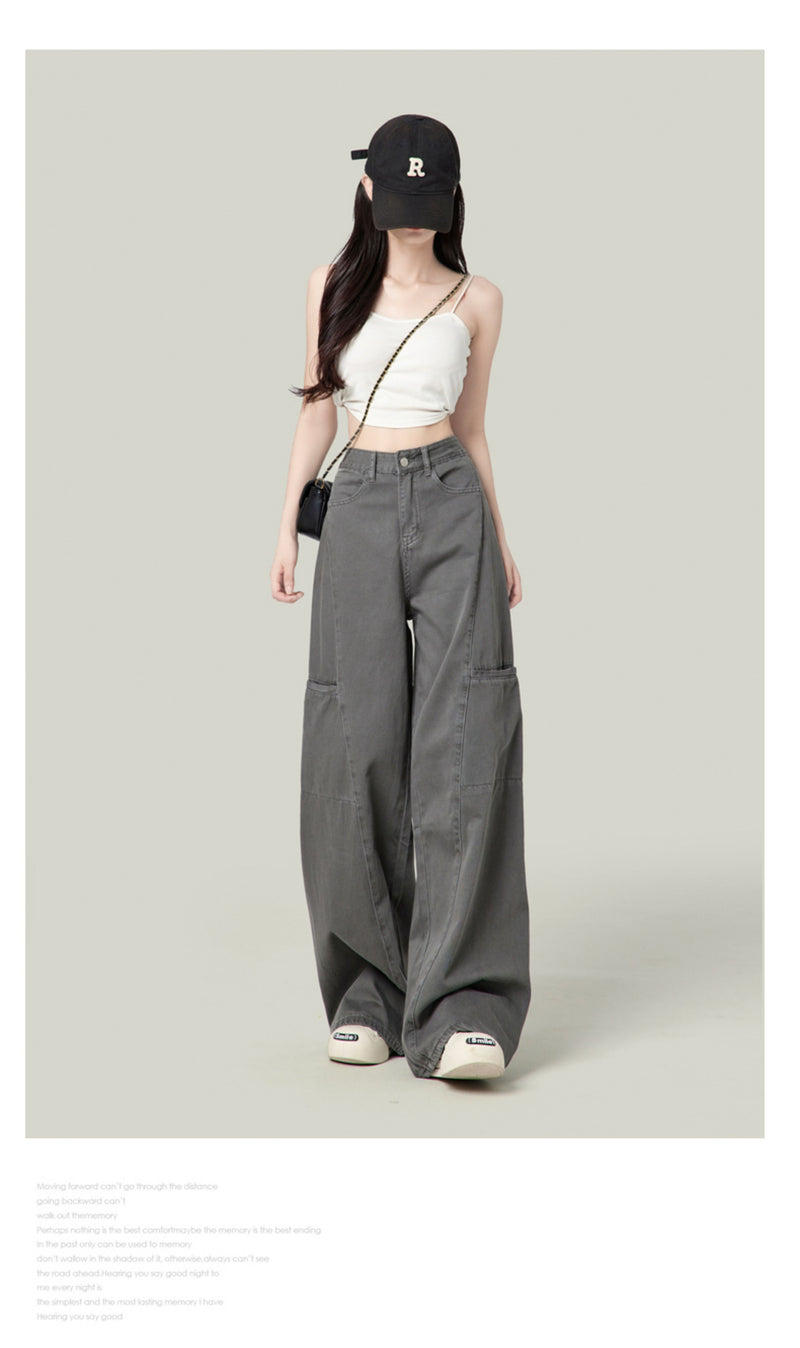 American-style wide-leg cargo pants, new retro high-waisted straight leg jeans for women.