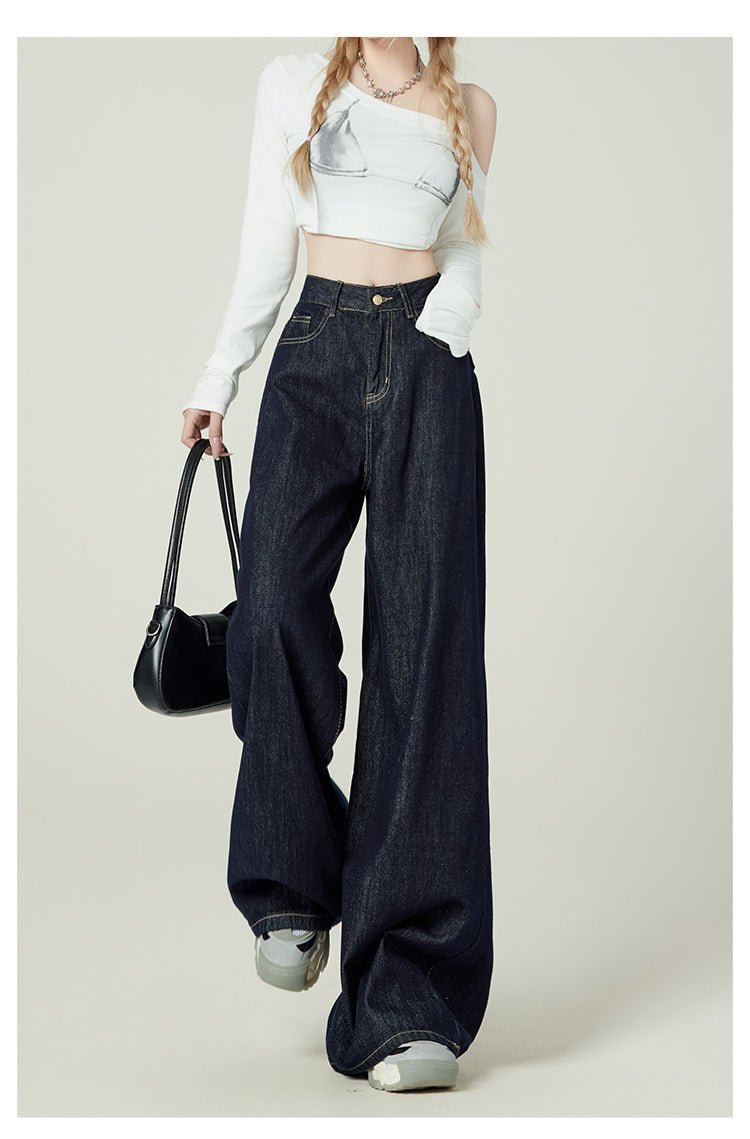 Retro-style denim blue wide-leg jeans for women, American style, high-waisted, loose-fitting, pear-shaped, floor-length.