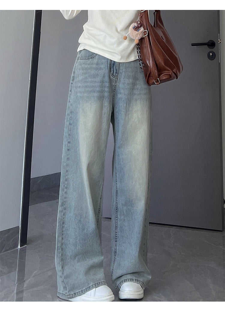 Light-colored straight-leg jeans for women, autumn and winter, fleece-lined and thickened, plus size, loose fit, slimming, pear-shaped figure wide-leg pants.