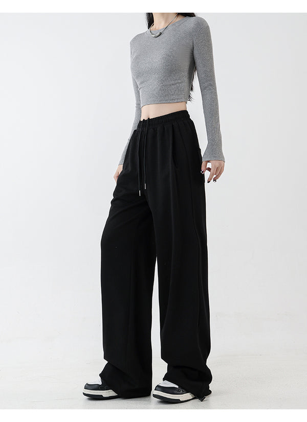 Women's black straight-leg casual pants, autumn and winter style, fleece-lined and thickened, plus size, slimming, loose and draped, wide-leg athletic sweatpants.