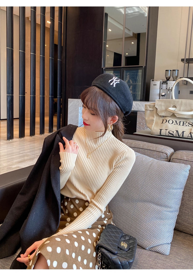 Women's high-neck sweater, new autumn and winter style, mid-neck base layer, high-end slim-fit knit top.