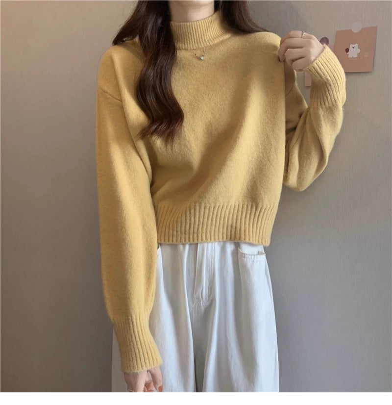 French-style short sweater for women, autumn and winter, petite, thick, soft and gentle style, high neck pullover knitwear