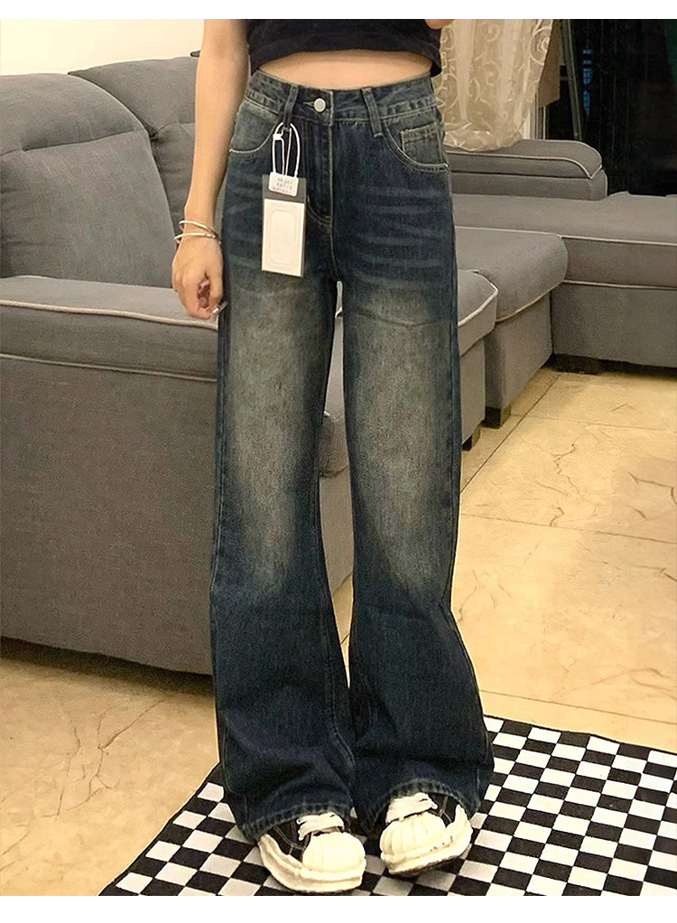 Retro blue flared jeans for women, autumn and winter, fleece-lined and thickened, plus size, loose fit, slimming, pear-shaped figure, long pants.