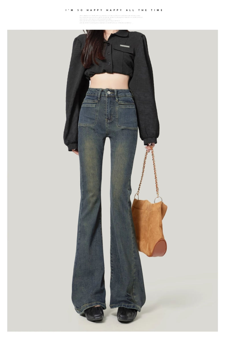 Women's Black Flared Jeans, 2020 New Style, High-Waisted, Stretch, Horse-Shaped Pants