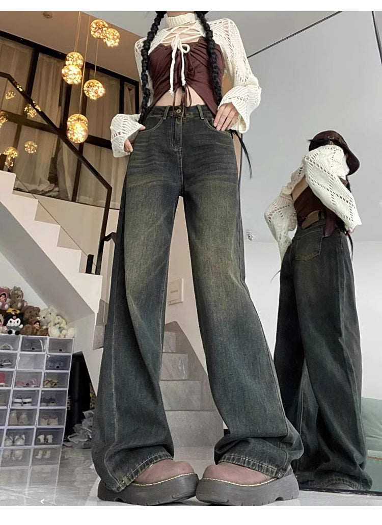Women's wide-leg jeans for autumn and winter, fleece-lined, pear-shaped, plus-size, loose, slimming, straight-leg trousers.