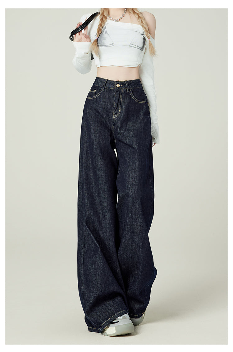 Retro-style denim blue wide-leg jeans for women, American style, high-waisted, loose-fitting, pear-shaped, floor-length.