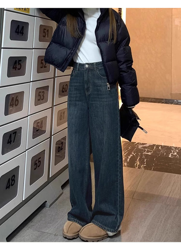 Women's straight-leg jeans, autumn and winter, fleece-lined, thickened, plus size, pear-shaped figure, loose fit, slimming wide-leg pants