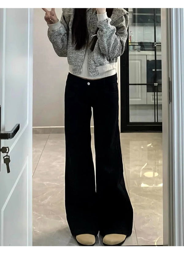 Women's black flared jeans, autumn/winter style, fleece-lined, plus size, stretchy, slimming, pear-shaped figure, wide-leg, platform pants.