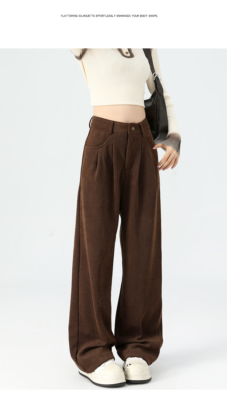 Maillard dark brown corduroy pants, new autumn/winter style, high-waisted, short-leg brown, casual pants.
