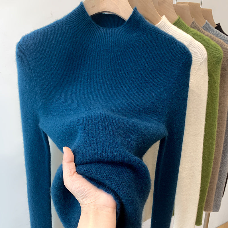 100% Soft and Cozy Wool Sweater for Women, White High-Neck Knitted Base Layer, Slim Fit and Elegant Tri-Neck Sweater