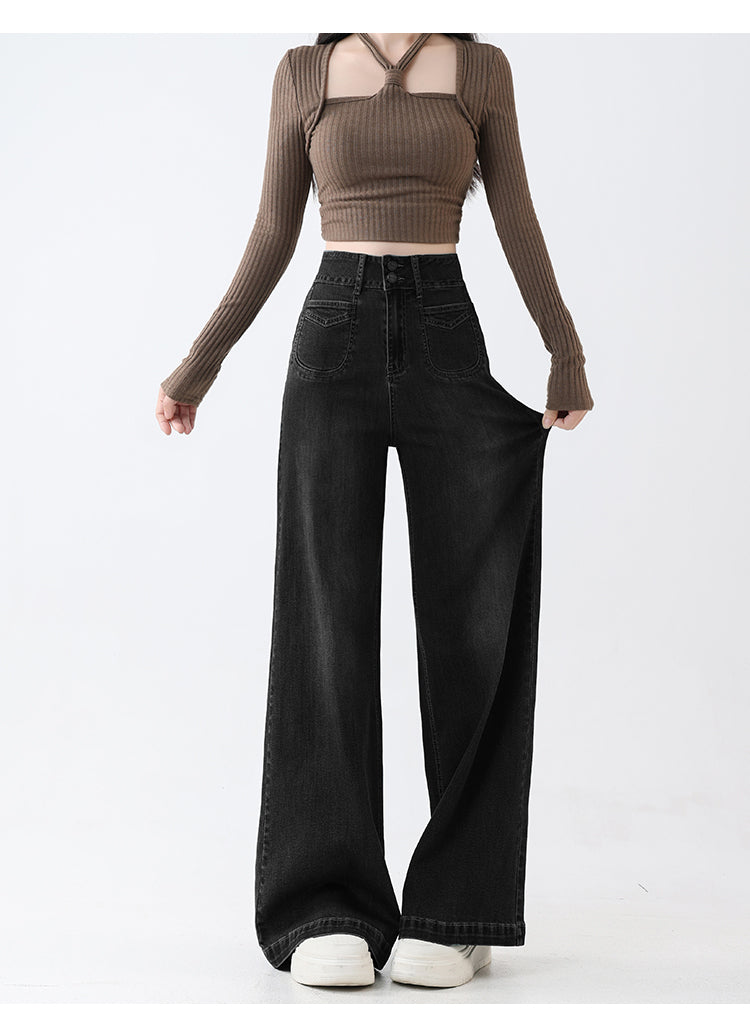 Women's black straight-leg jeans, plus size, loose fit, flattering for pear-shaped figures, perfect for autumn and winter.