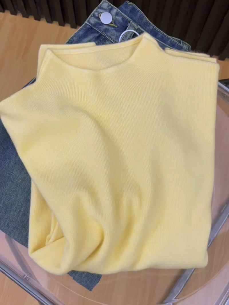 Soft and fluffy cashmere-feel high-neck knitted base layer sweater for women in spring, autumn and winter, with fleece lining, solid color, pullover sweater.