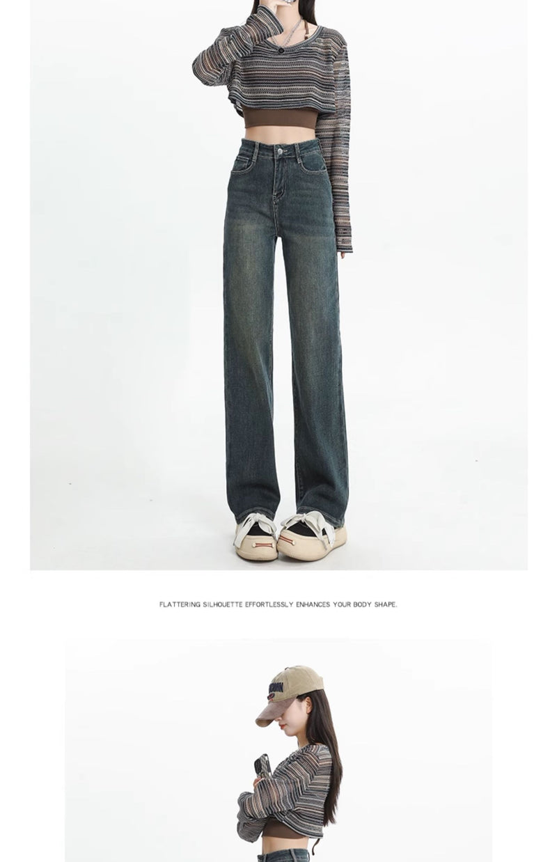 Women's straight-leg fleece-lined jeans, new autumn/winter style, high-waisted, retro, petite, slim-fit, wide-leg pants.