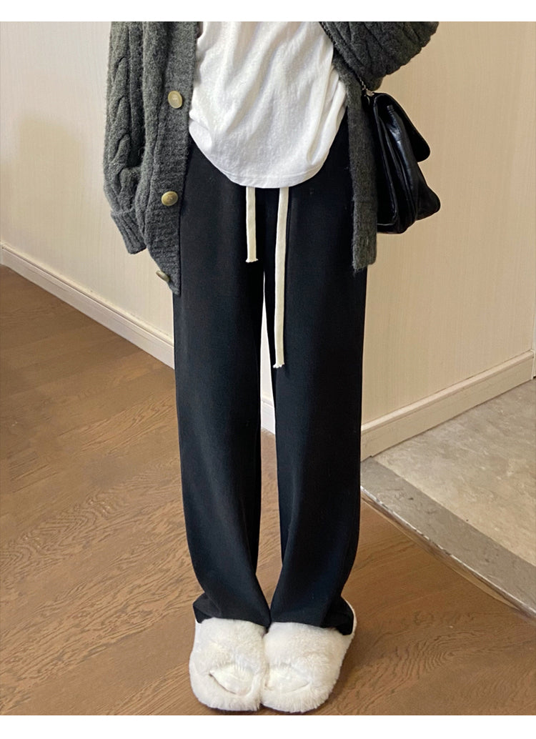 Women's Casual Straight Leg Wide-Leg Pants for Autumn and Winter, Fleece Lined, Plus Size, Loose Fit, Slimming for Pear-Shaped Figures