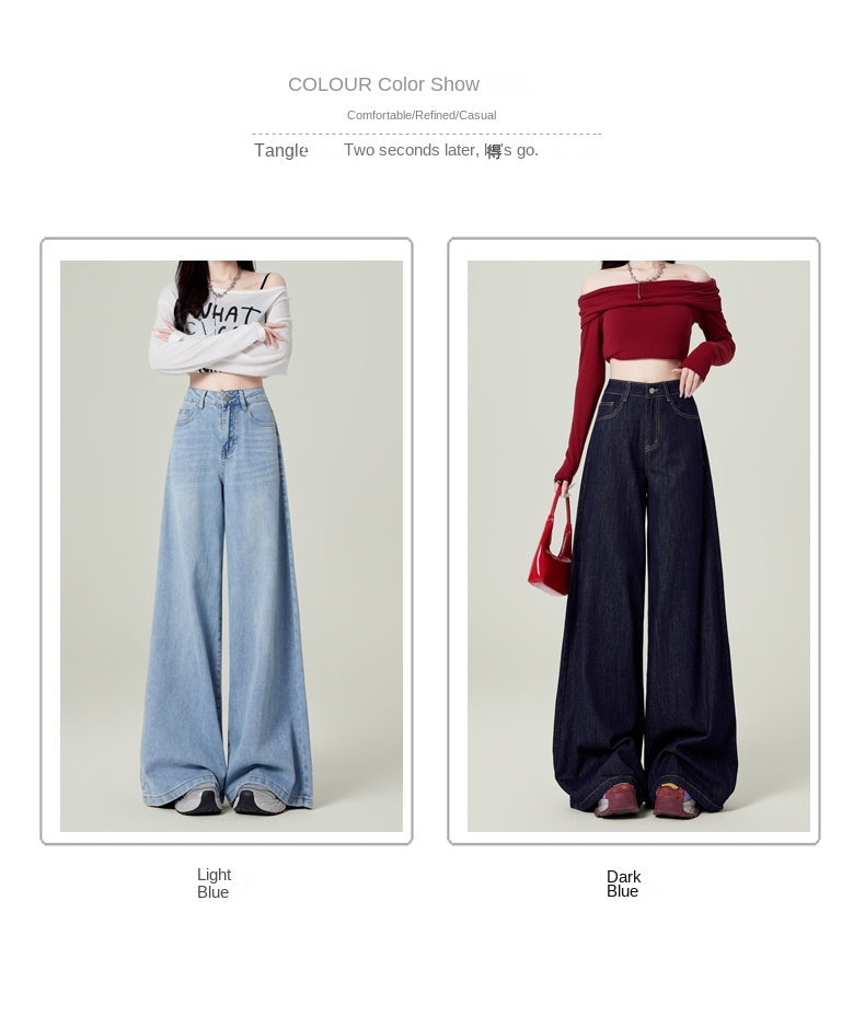 Retro dark blue wide-leg jeans for women, spring and autumn, high-waisted, loose-fitting, floor-length trousers.