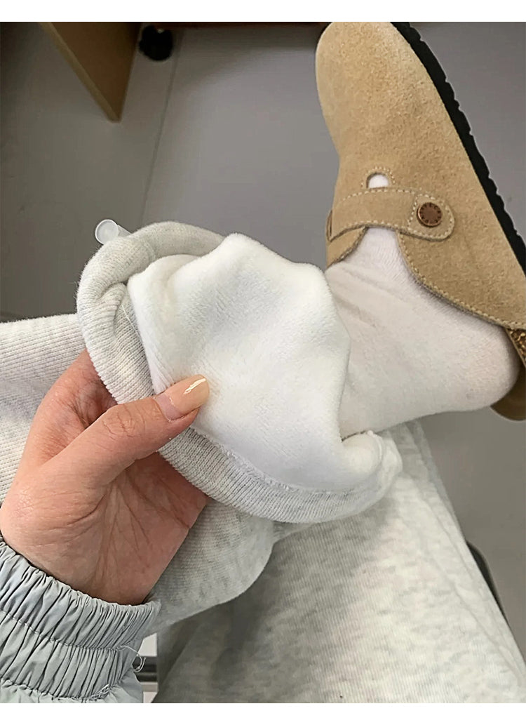 Snowflake Grey Straight Leg Casual Pants for Women, Plus Size, Autumn and Winter, Fleece Lined, Loose Fit, Slimming, Relaxed Style, Sporty Wide Leg Sweatpants