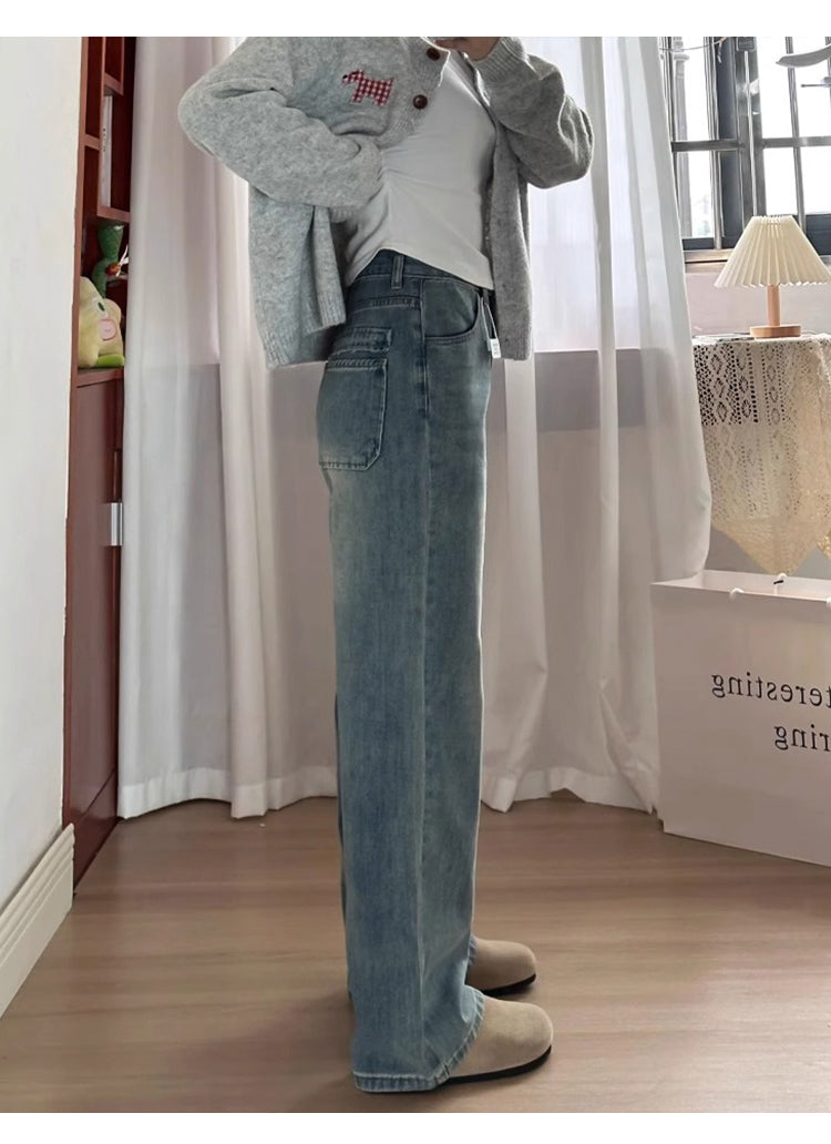 Retro blue straight-leg jeans for women, autumn and winter, fleece-lined and thickened, suitable for plus-size women, slimming for pear-shaped figures, loose wide-leg pants.