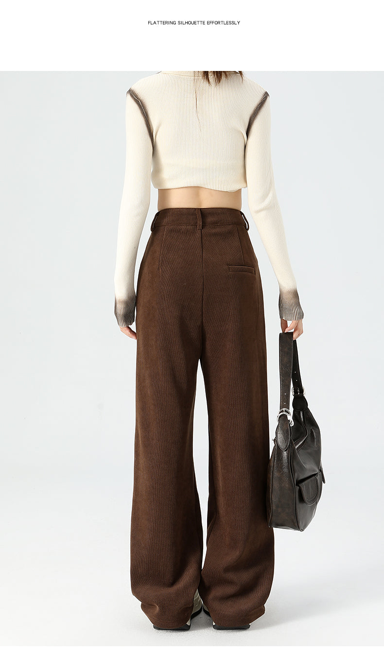 Maillard dark brown corduroy pants, new autumn/winter style, high-waisted, short-leg brown, casual pants.