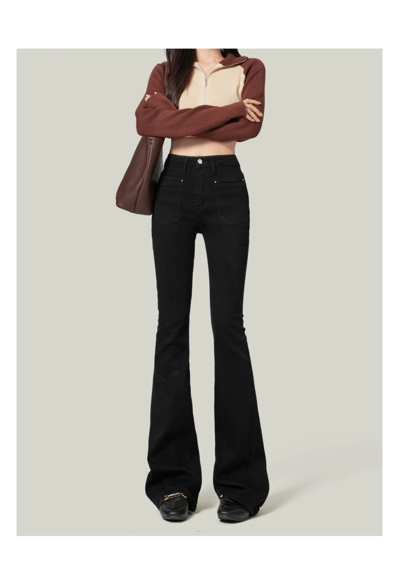 Women's Black Flared Jeans, 2020 New Style, High-Waisted, Stretch, Horse-Shaped Pants