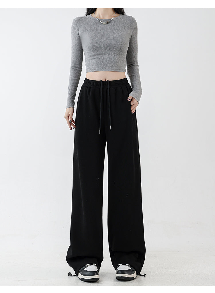 Women's black straight-leg casual pants, autumn and winter style, fleece-lined and thickened, plus size, slimming, loose and draped, wide-leg athletic sweatpants.