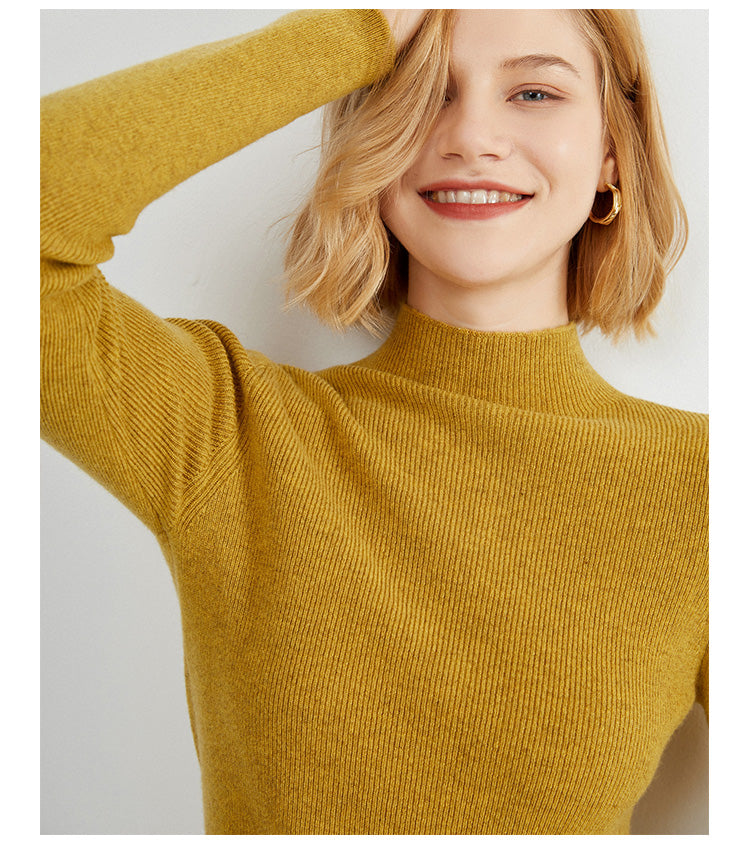 Women's Autumn/Winter High-Neck Sweater, Slim Fit, Solid Color, High-End Wool Knit Base Layer, Striped Design, Suitable for Inner Wear or Outer Wear