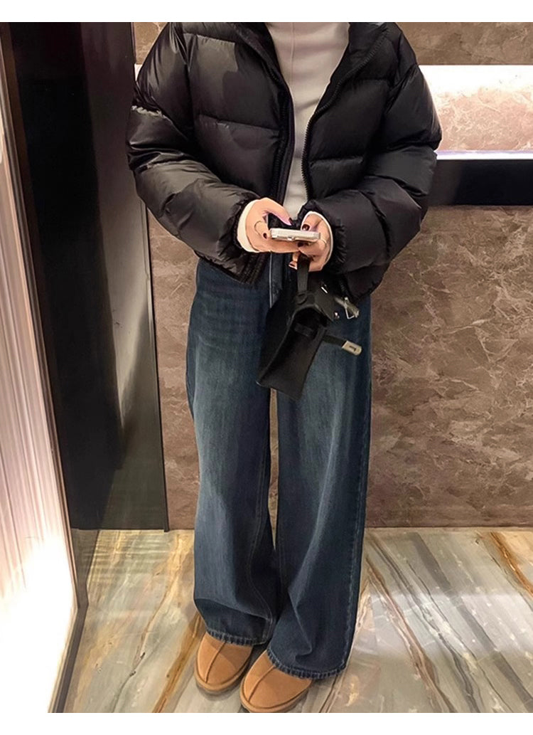 Women's straight-leg jeans, autumn and winter, fleece-lined, thickened, plus size, pear-shaped figure, loose fit, slimming wide-leg pants