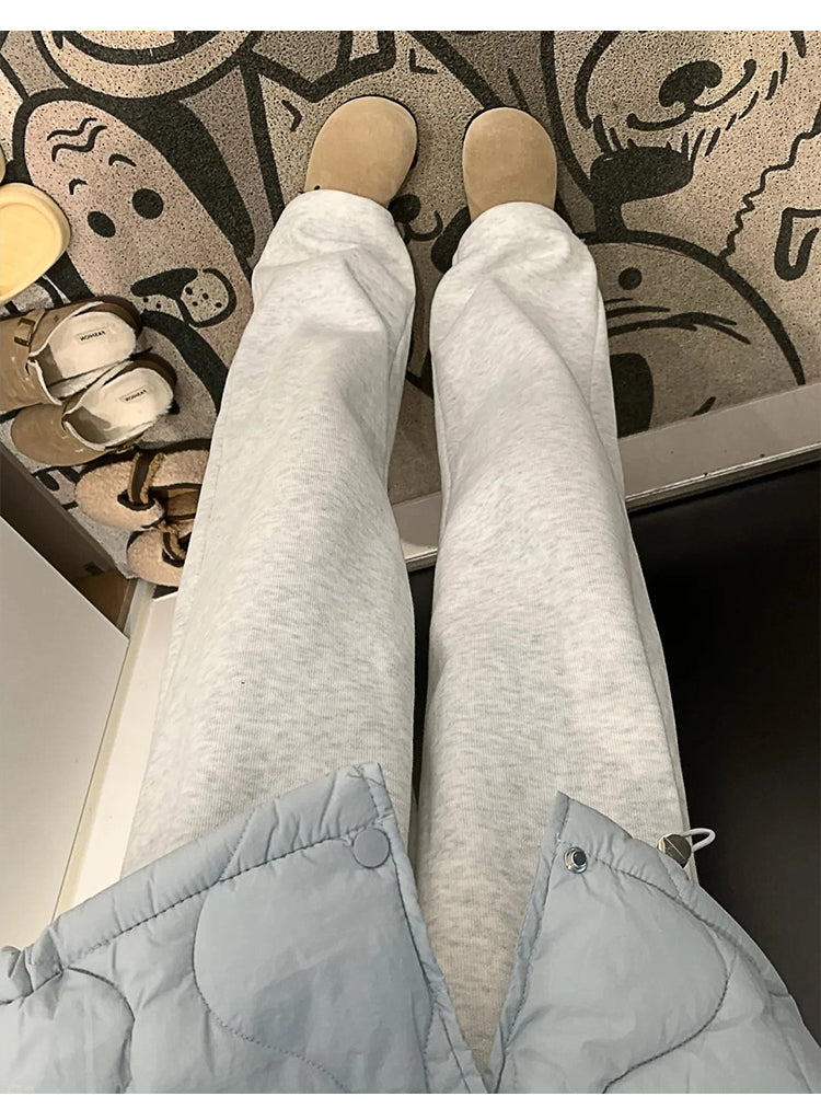 Snowflake Grey Straight Leg Casual Pants for Women, Plus Size, Autumn and Winter, Fleece Lined, Loose Fit, Slimming, Relaxed Style, Sporty Wide Leg Sweatpants