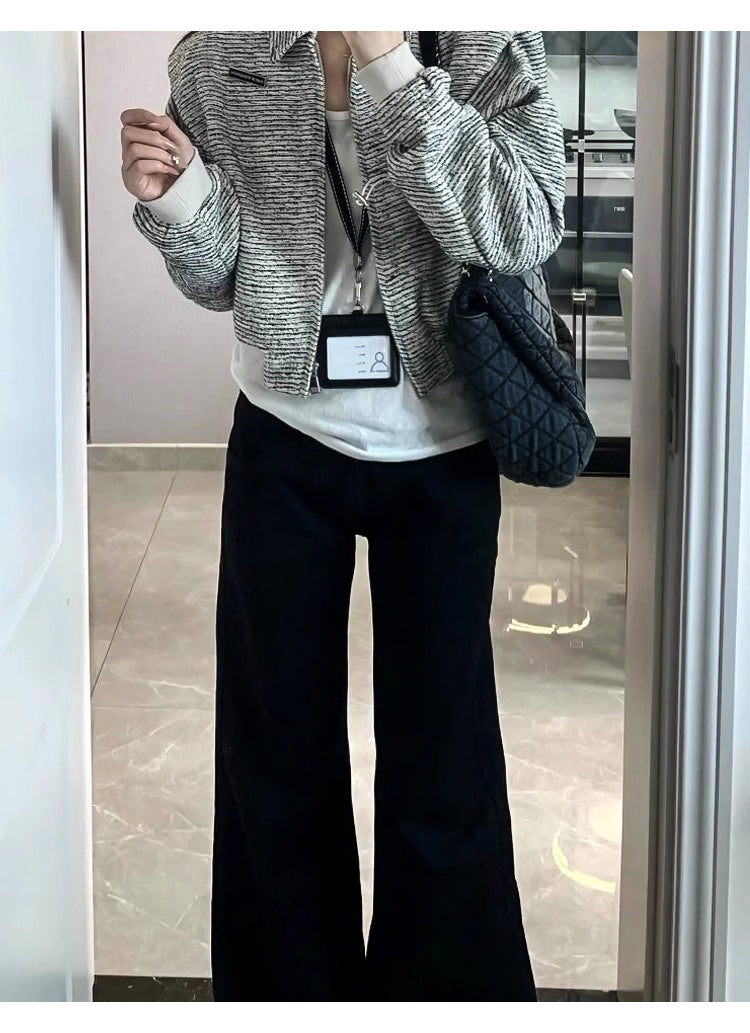 Women's black flared jeans, autumn/winter style, fleece-lined, plus size, stretchy, slimming, pear-shaped figure, wide-leg, platform pants.