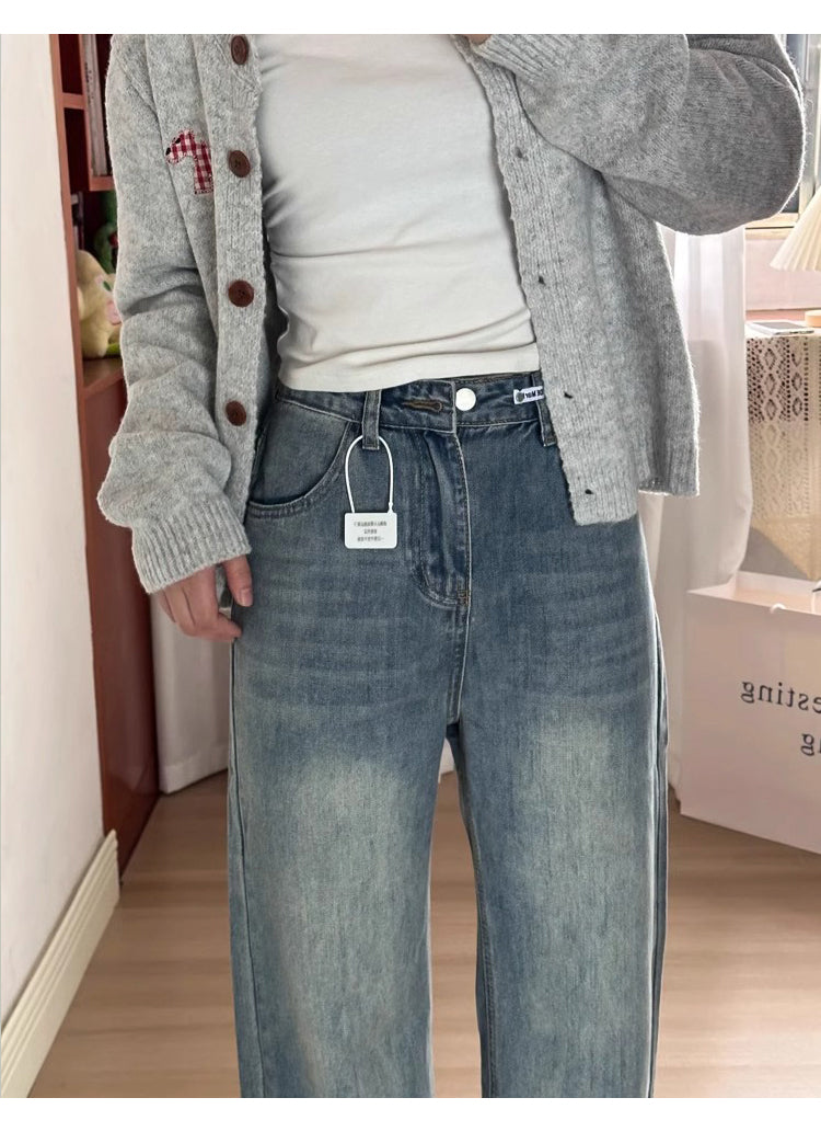 Retro blue straight-leg jeans for women, autumn and winter, fleece-lined and thickened, suitable for plus-size women, slimming for pear-shaped figures, loose wide-leg pants.