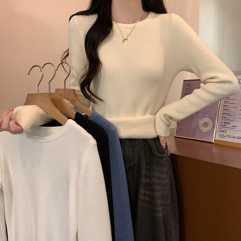 Autumn/Winter Half-High Neck Slim Fit Long Sleeve Base Knit Top Thick Fleece Warm White Sweater for Women