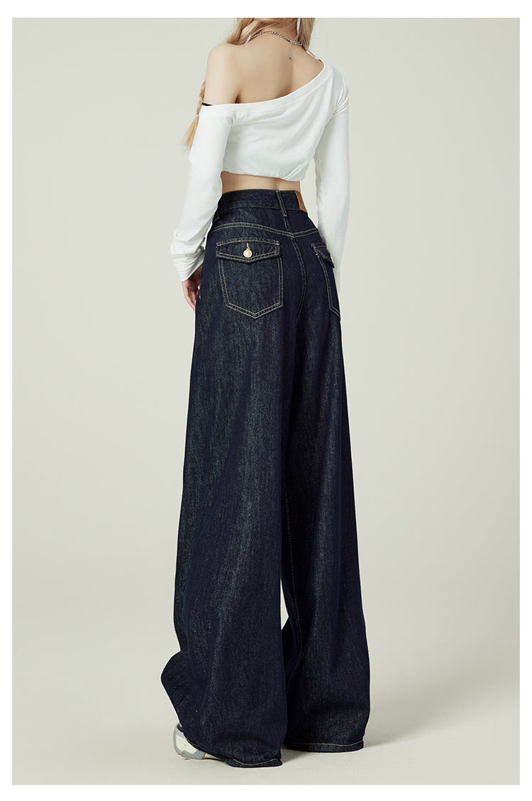 Retro-style denim blue wide-leg jeans for women, American style, high-waisted, loose-fitting, pear-shaped, floor-length.