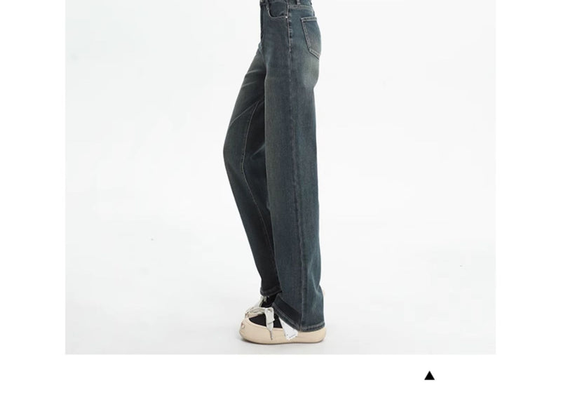 Women's straight-leg fleece-lined jeans, new autumn/winter style, high-waisted, retro, petite, slim-fit, wide-leg pants.