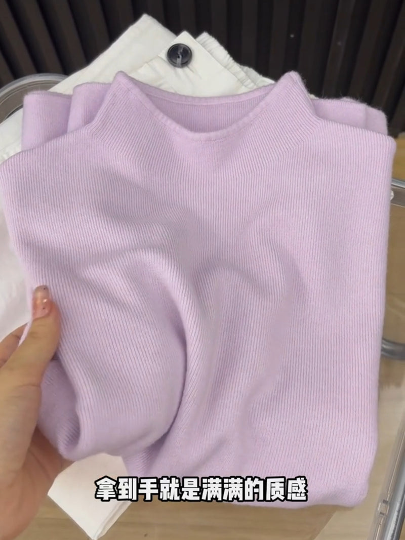 Soft and fluffy cashmere-feel high-neck knitted base layer sweater for women in spring, autumn and winter, with fleece lining, solid color, pullover sweater.