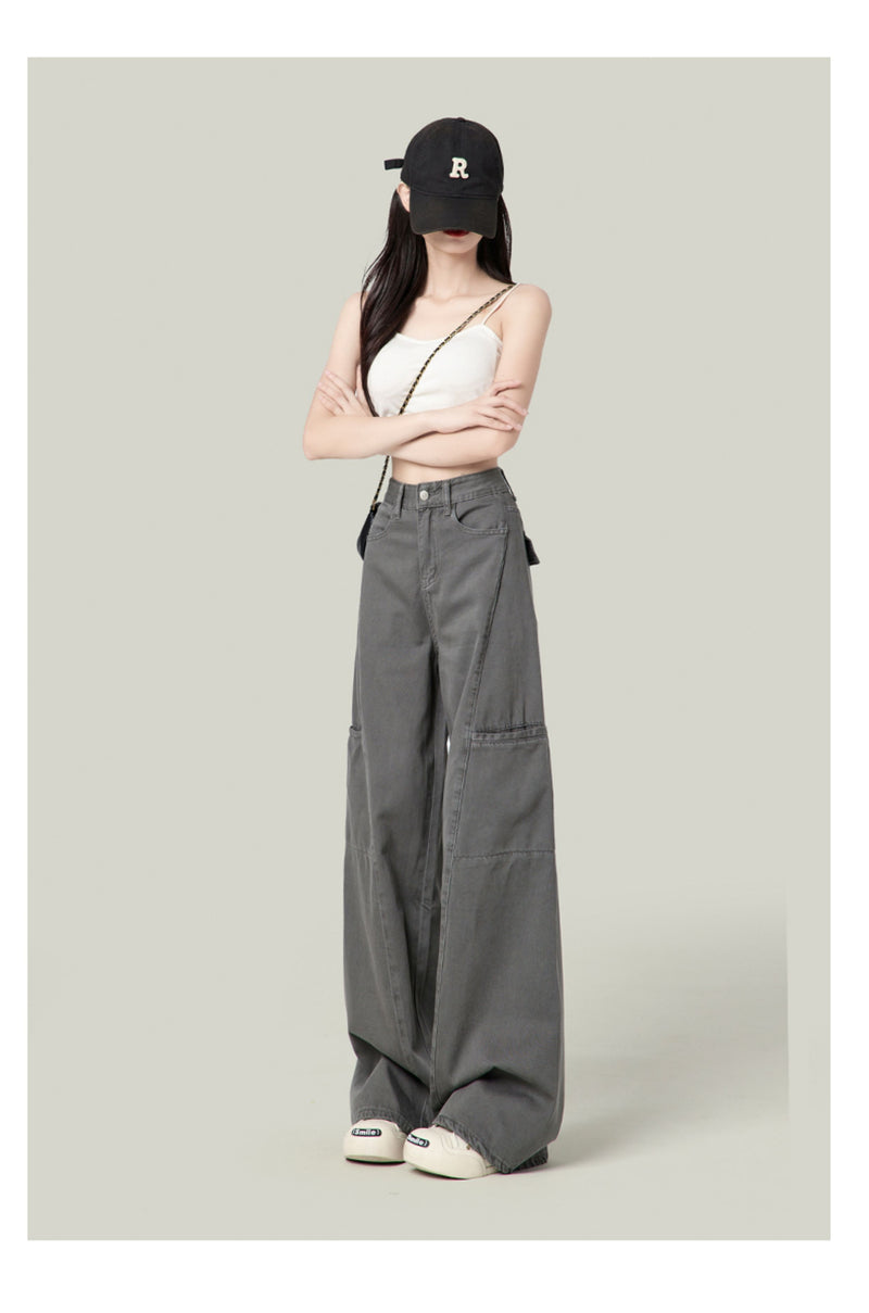 American-style wide-leg cargo pants, new retro high-waisted straight leg jeans for women.