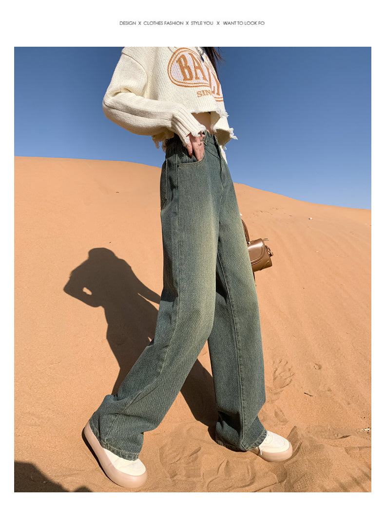 New style black and gray wide-leg jeans for women, American style, high-waisted, loose fit, slimming, straight leg, autumn and winter look.