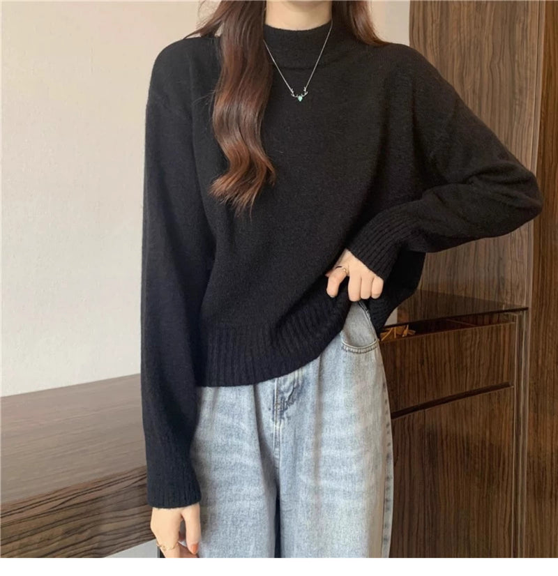 French-style short sweater for women, autumn and winter, petite, thick, soft and gentle style, high neck pullover knitwear