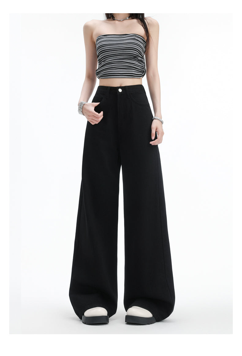 Stylish black high-waisted wide-leg jeans for women with pear-shaped figures, loose-fitting straight leg.