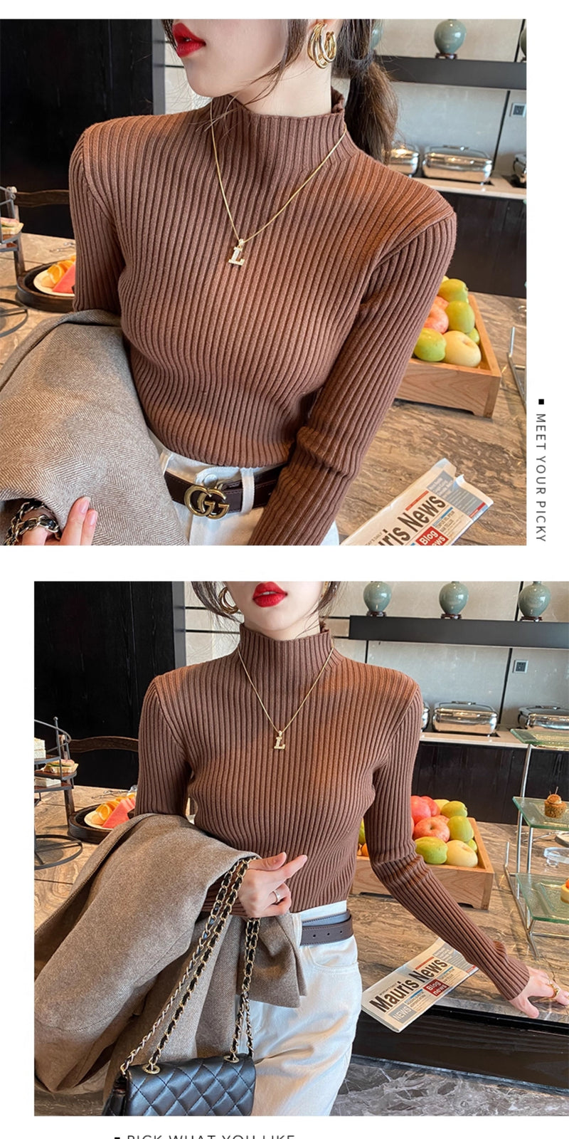 Women's high-neck sweater, new autumn and winter style, mid-neck base layer, high-end slim-fit knit top.