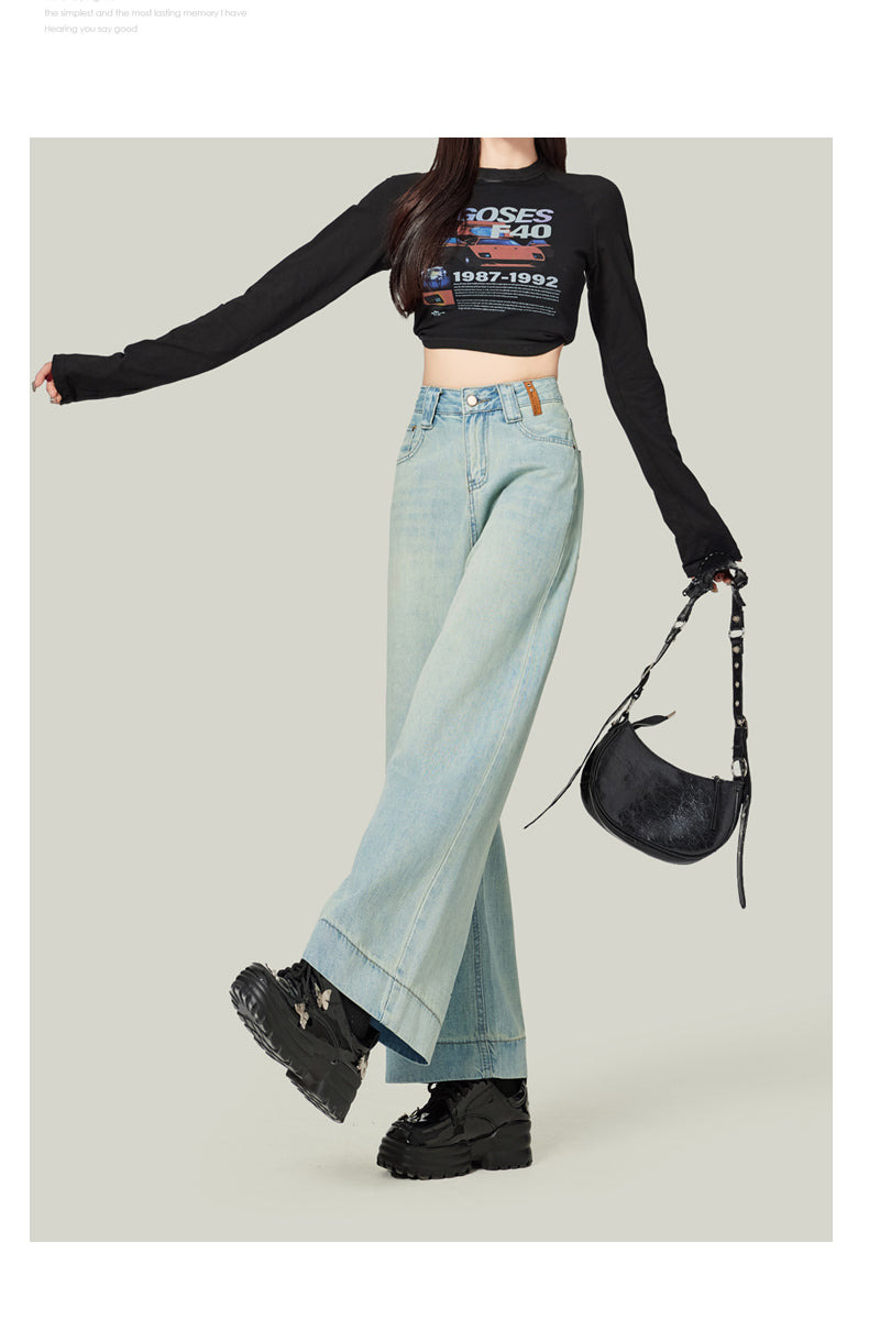 Retro blue high-waisted cropped straight leg jeans for petite women, pear-shaped, loose fit, slimming wide-leg pants