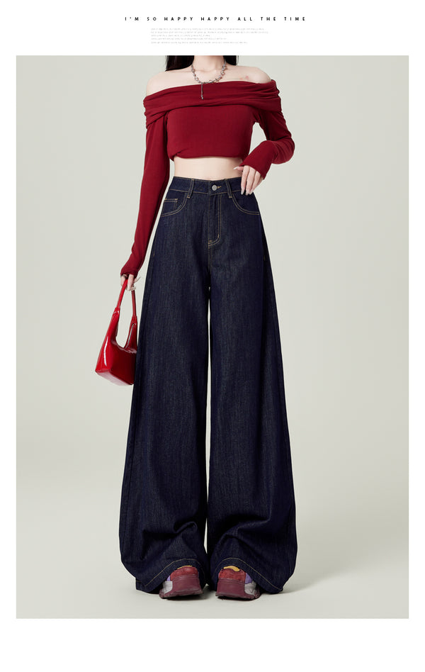 Retro dark blue wide-leg jeans for women, spring and autumn, high-waisted, loose-fitting, floor-length trousers.