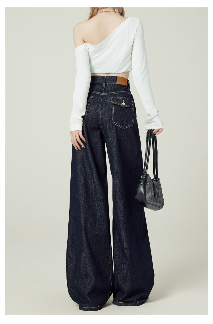 Retro-style denim blue wide-leg jeans for women, American style, high-waisted, loose-fitting, pear-shaped, floor-length.