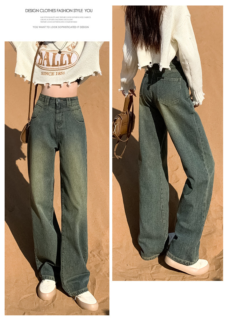 New style black and gray wide-leg jeans for women, American style, high-waisted, loose fit, slimming, straight leg, autumn and winter look.