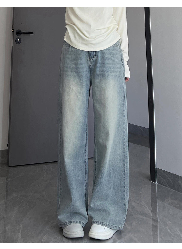 Light-colored straight-leg jeans for women, autumn and winter, fleece-lined and thickened, plus size, loose fit, slimming, pear-shaped figure wide-leg pants.