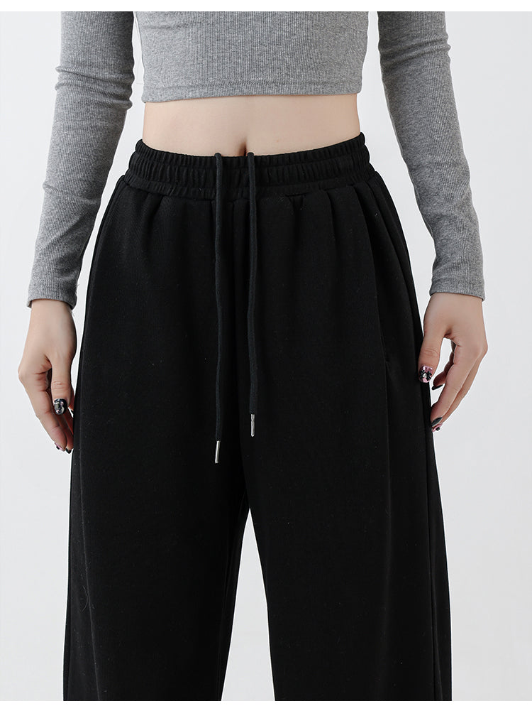Women's black straight-leg casual pants, autumn and winter style, fleece-lined and thickened, plus size, slimming, loose and draped, wide-leg athletic sweatpants.