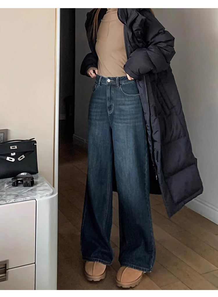 Women's straight-leg jeans, autumn and winter, fleece-lined, thickened, plus size, pear-shaped figure, loose fit, slimming wide-leg pants