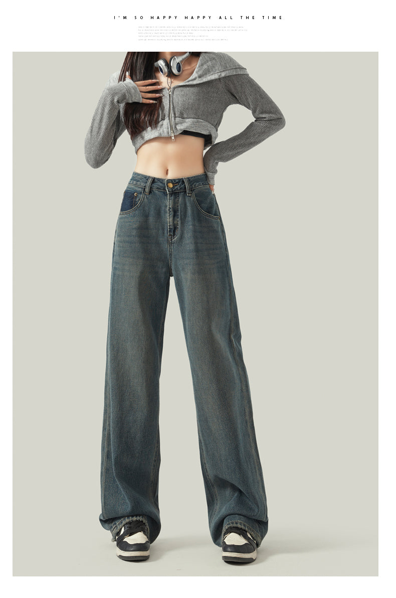 Cement gray straight leg jeans for women, new style, retro Hong Kong style, slimming, drapey wide leg pants